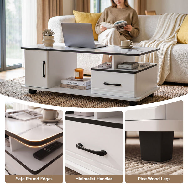 Artiss Coffee Table Marble Finish Center Table with Storage Drawer Cabinet Wood White Awezingly