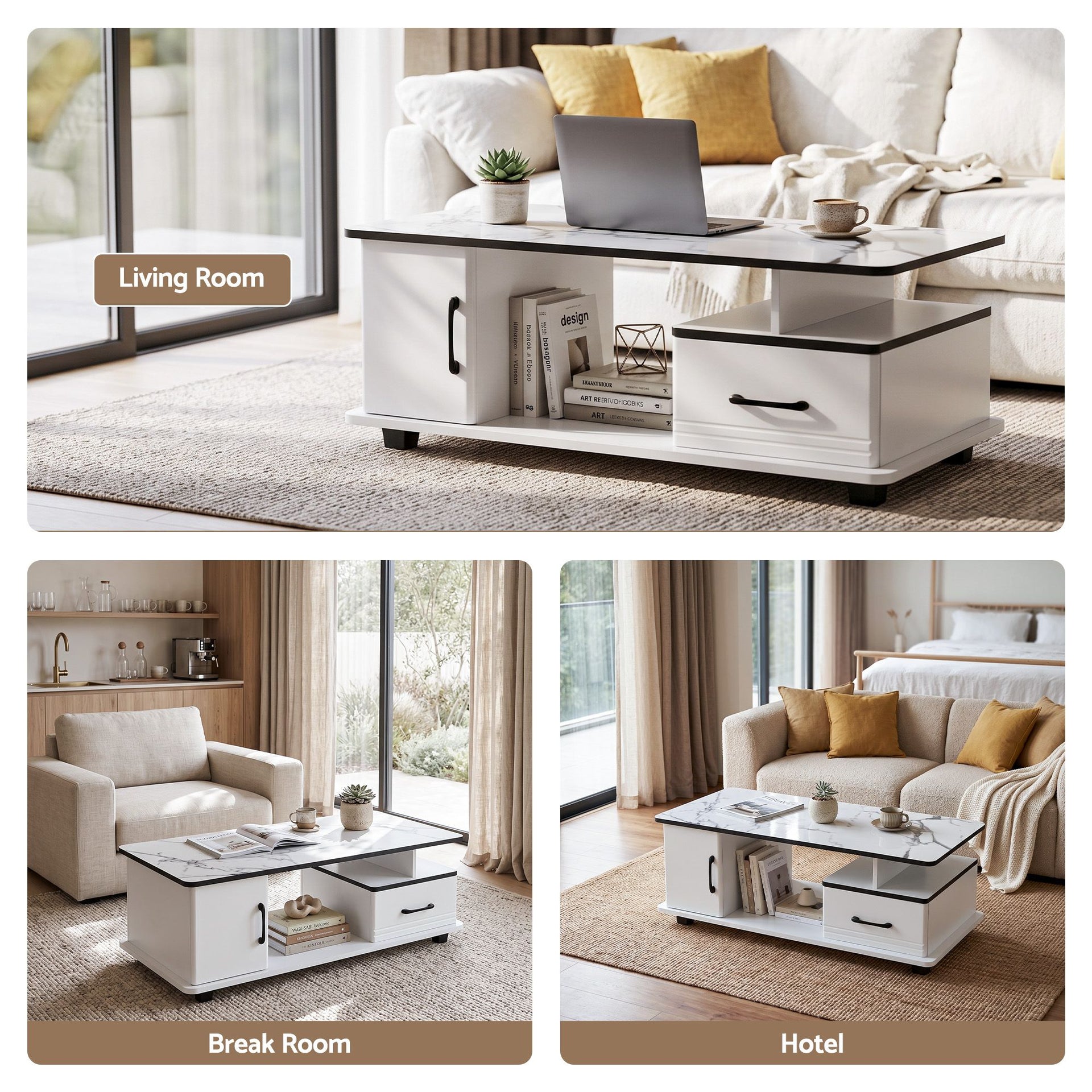 Artiss Coffee Table Marble Finish Center Table with Storage Drawer Cabinet Wood White Awezingly