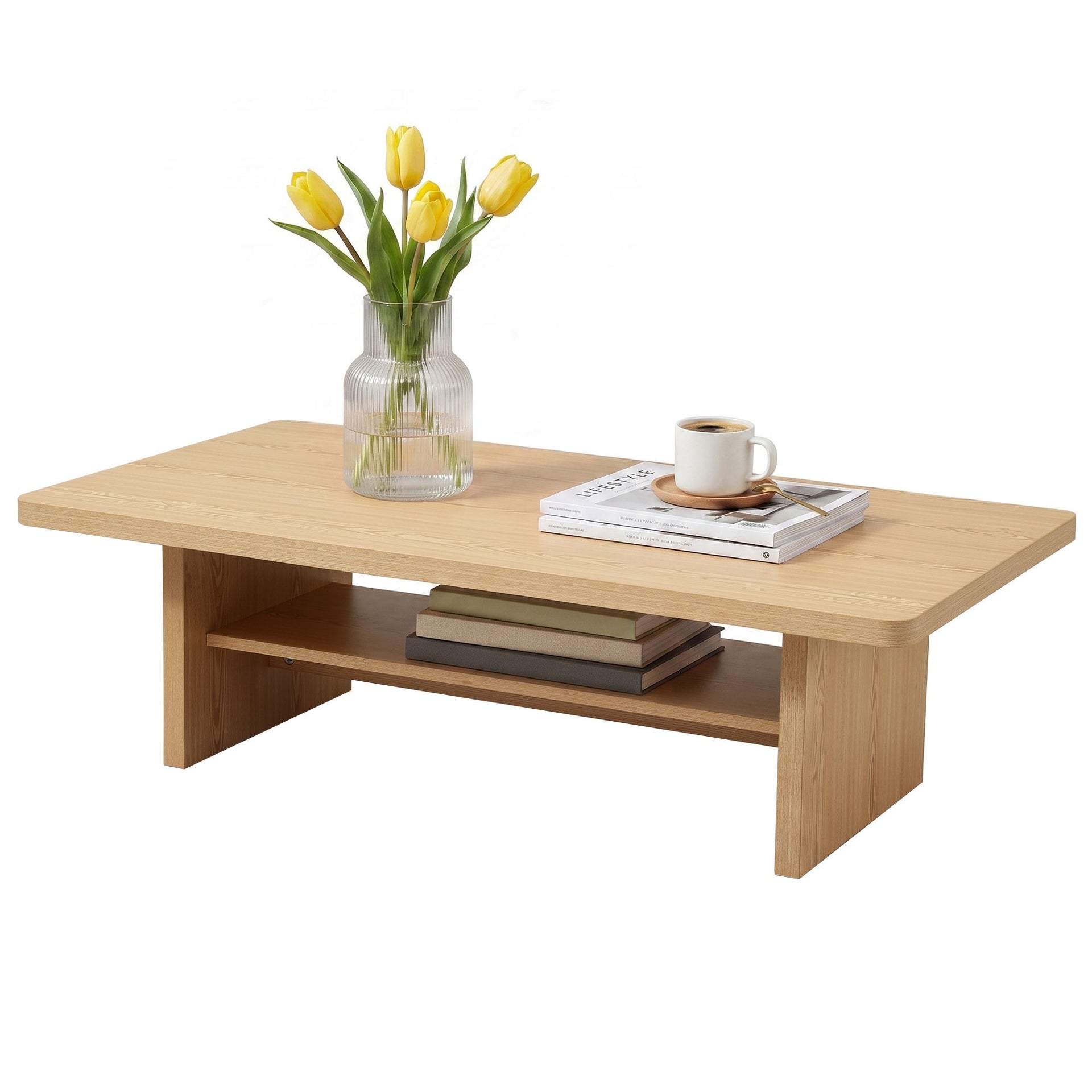 Artiss Coffee Table 110cm Center Table with 2-Tier Open Storage Shelf Wood Awezingly