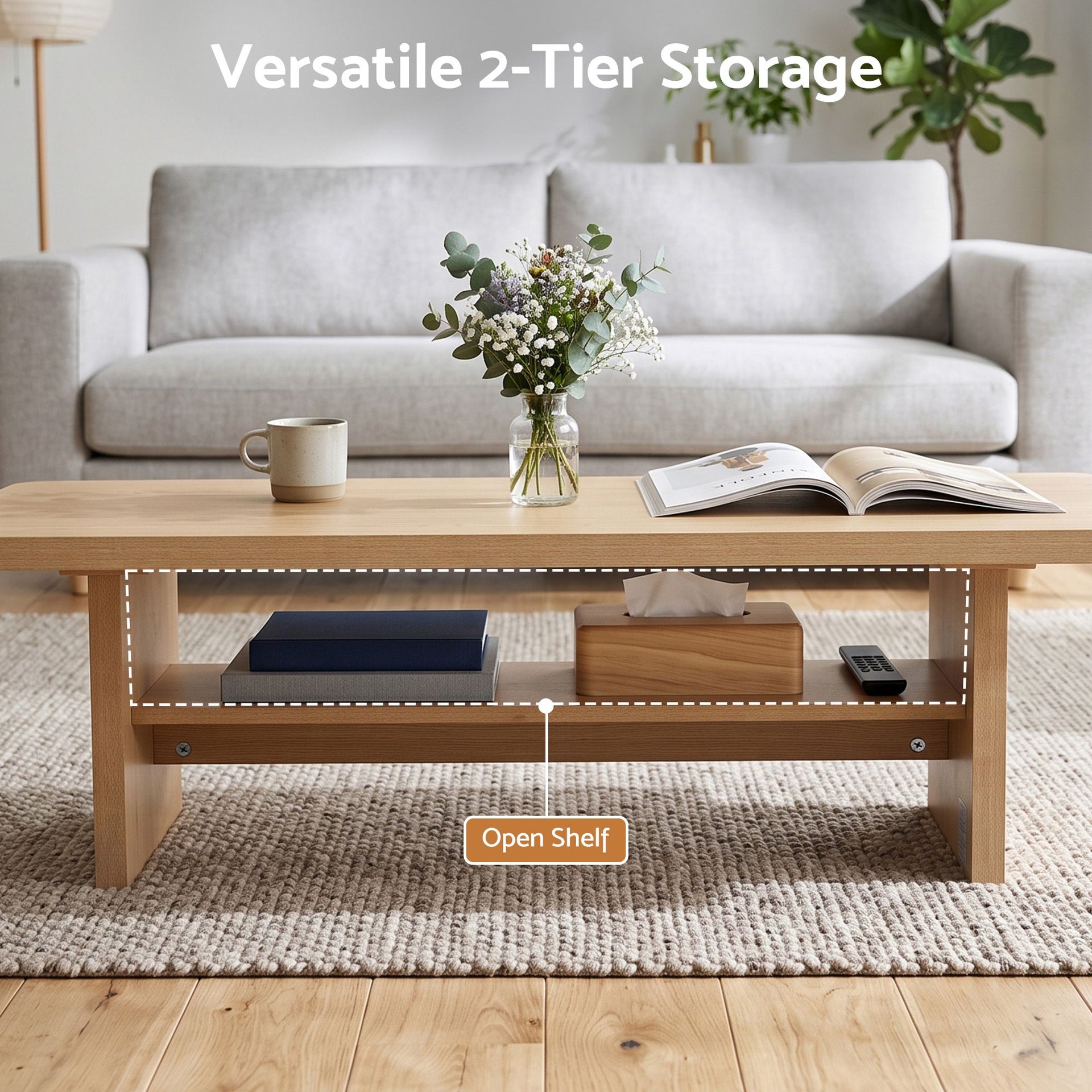 Artiss Coffee Table 110cm Center Table with 2-Tier Open Storage Shelf Wood Awezingly
