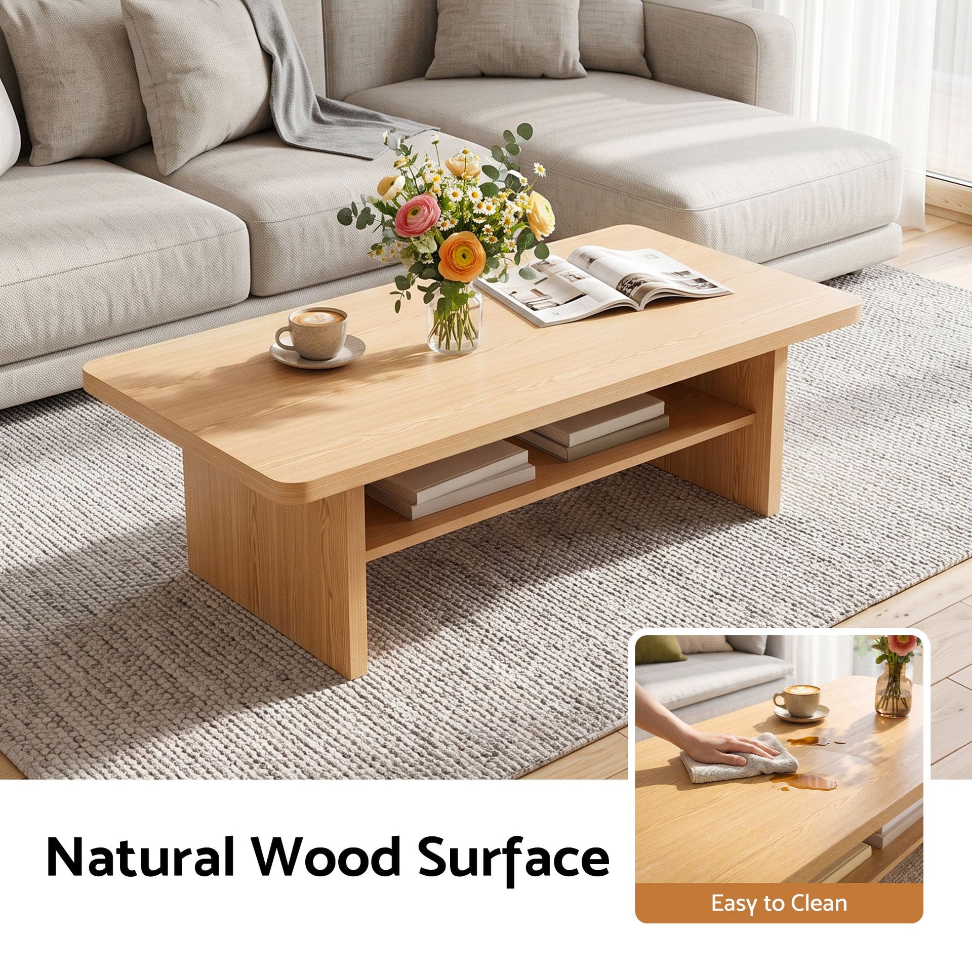Artiss Coffee Table 110cm Center Table with 2-Tier Open Storage Shelf Wood Awezingly