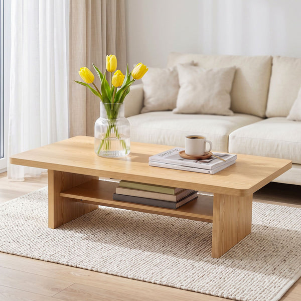 Artiss Coffee Table 110cm Center Table with 2-Tier Open Storage Shelf Wood Awezingly