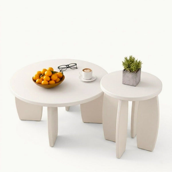Artiss Coffee Table Set of 2 High Gloss Round Side Bedside Table Wood Living Room Cream Awezingly