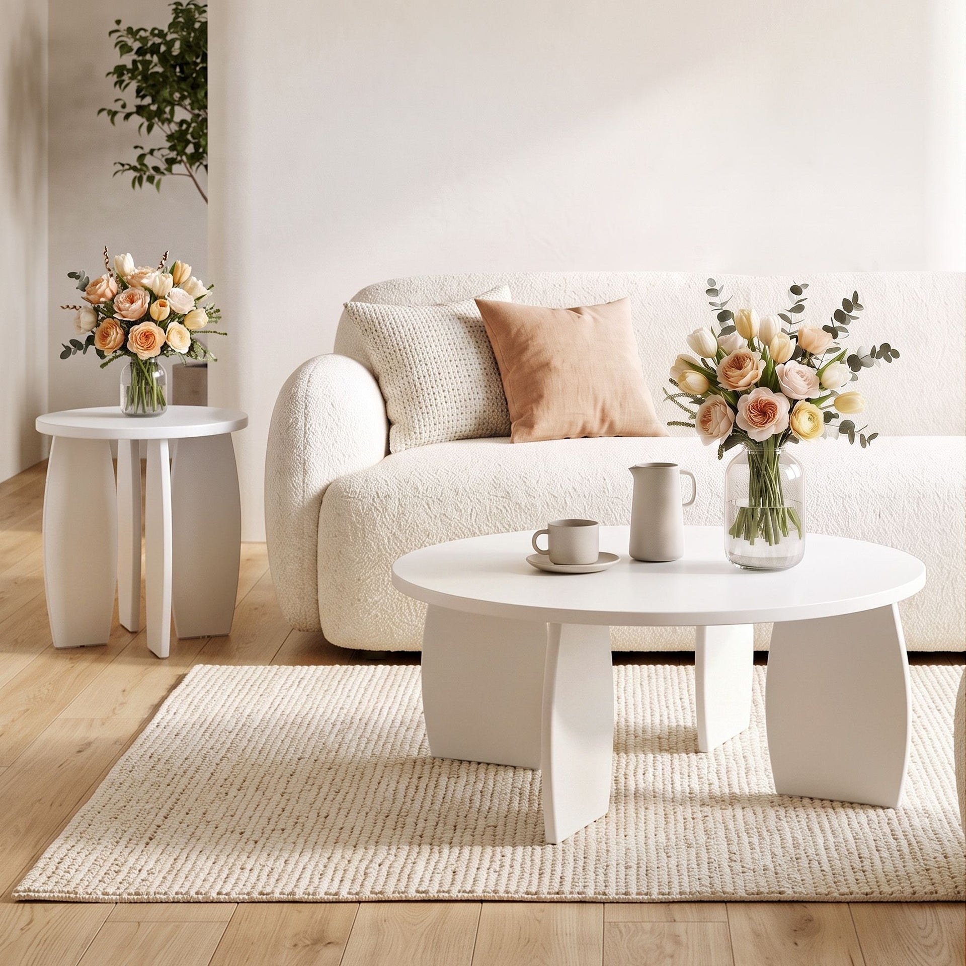Artiss Coffee Table Set of 2 High Gloss Round Side Bedside Table Wood Living Room Cream Awezingly