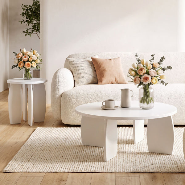 Artiss Coffee Table Set of 2 High Gloss Round Side Bedside Table Wood Living Room Cream Awezingly