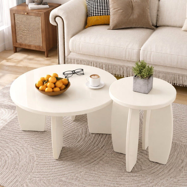 Artiss Coffee Table Set of 2 High Gloss Round Side Bedside Table Wood Living Room Cream Awezingly