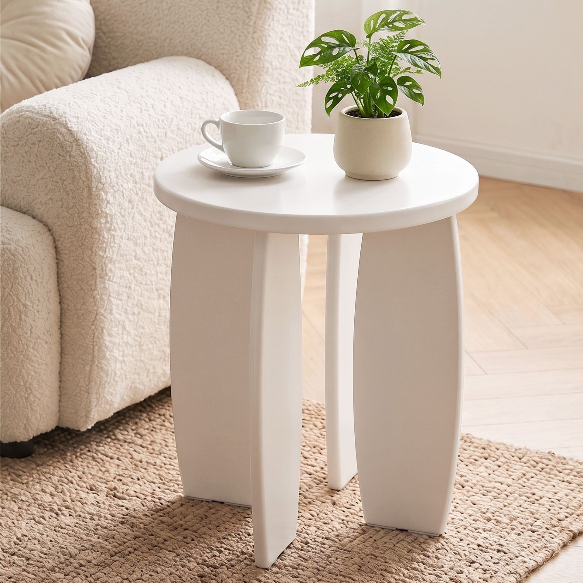 Artiss Round End Table High-Gloss Small Coffee Table Side Bedside Nightstand 40x45cm Cream white Awezingly