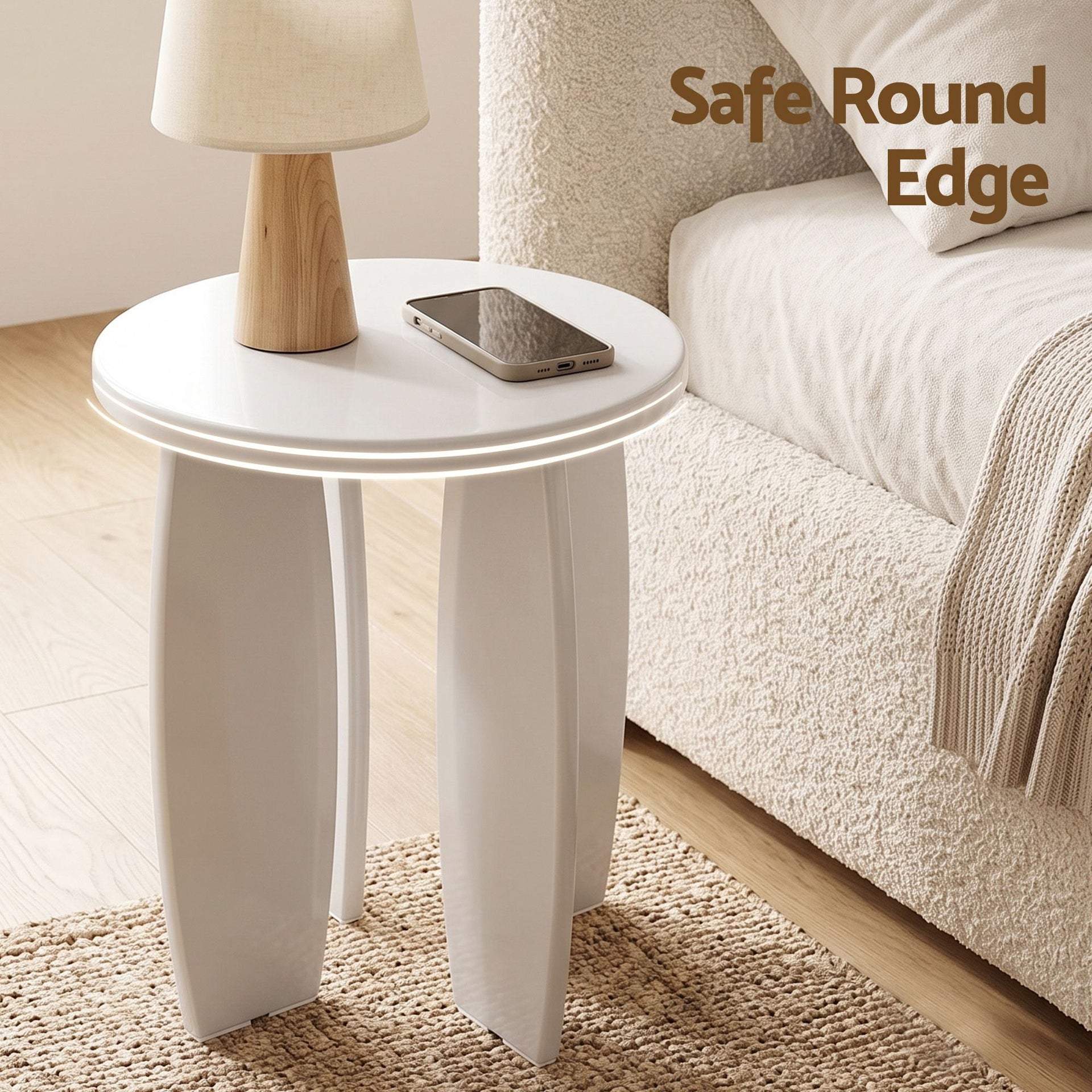 Artiss Round End Table High-Gloss Small Coffee Table Side Bedside Nightstand 40x45cm Cream white Awezingly
