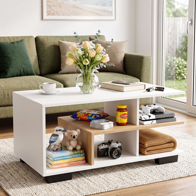 Artiss Coffee Table 90cm Center Table 3 Tier Open Storage Shelf Modern Living Room White & Wood