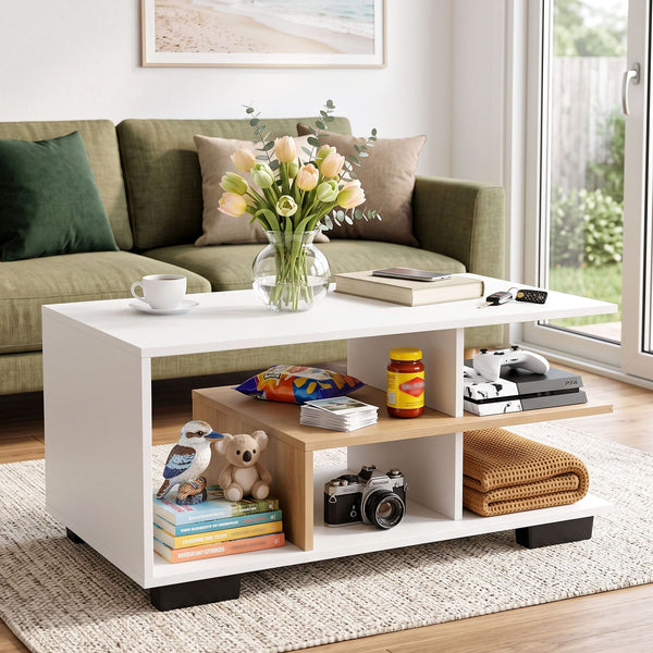 Artiss Coffee Table 90cm Center Table 3 Tier Open Storage Shelf Modern Living Room White & Wood Awezingly