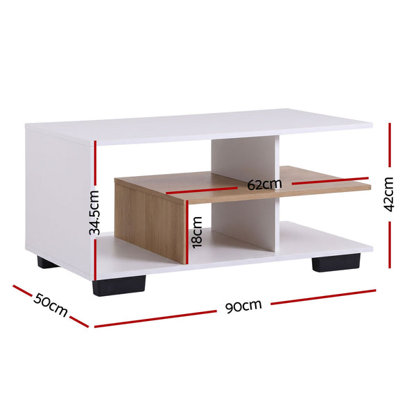 Artiss Coffee Table 90cm Center Table 3 Tier Open Storage Shelf Modern Living Room White & Wood Awezingly