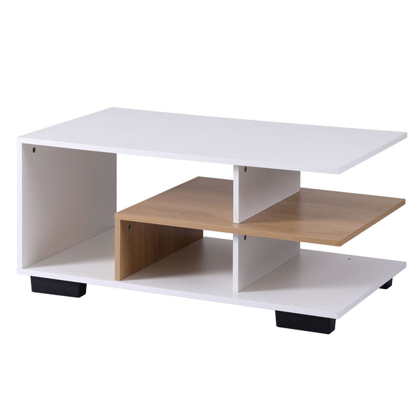 Artiss Coffee Table 90cm Center Table 3 Tier Open Storage Shelf Modern Living Room White & Wood Awezingly