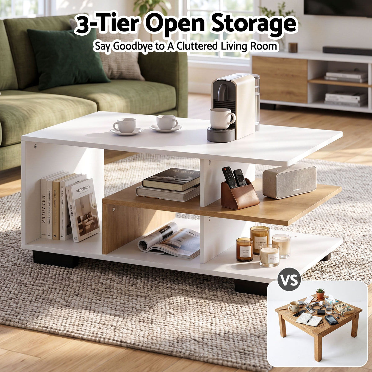 Artiss Coffee Table 90cm Center Table 3 Tier Open Storage Shelf Modern Living Room White & Wood Awezingly