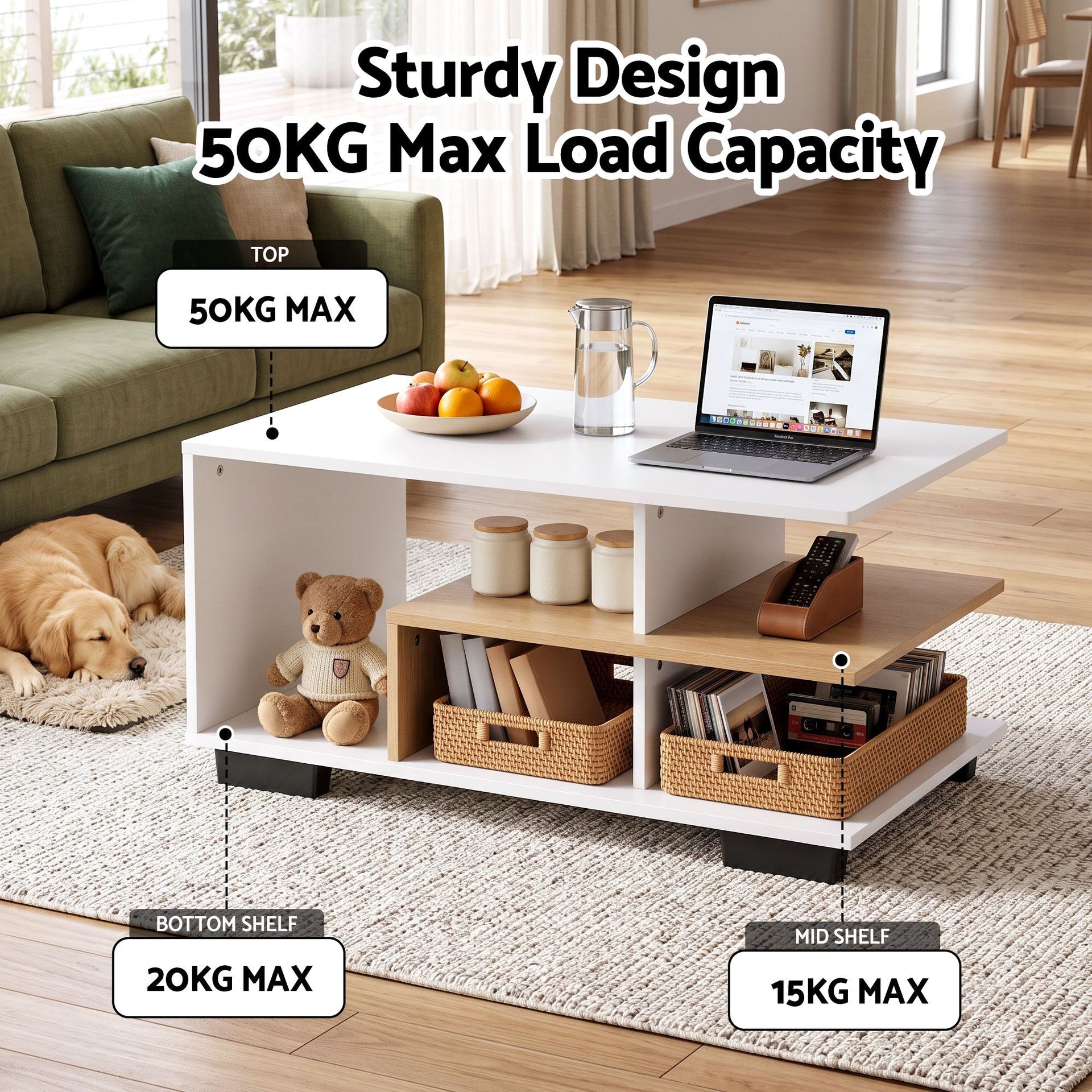Artiss Coffee Table 90cm Center Table 3 Tier Open Storage Shelf Modern Living Room White & Wood Awezingly