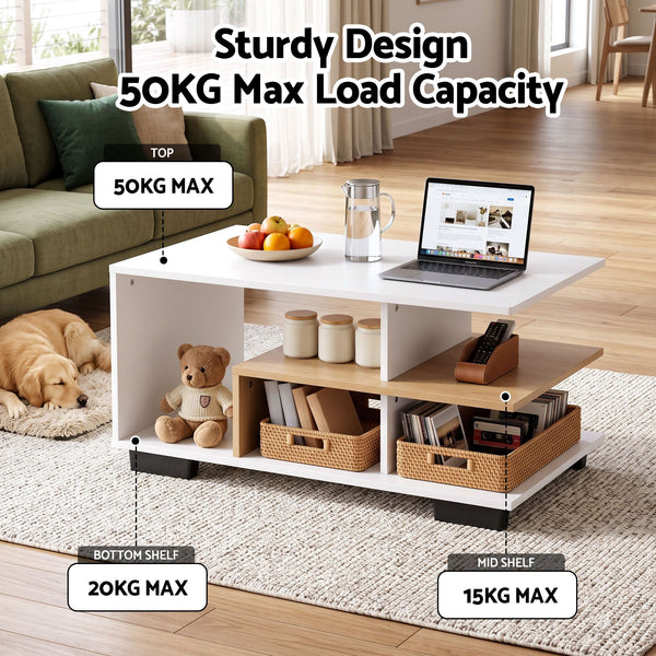 Artiss Coffee Table 90cm Center Table 3 Tier Open Storage Shelf Modern Living Room White & Wood Awezingly