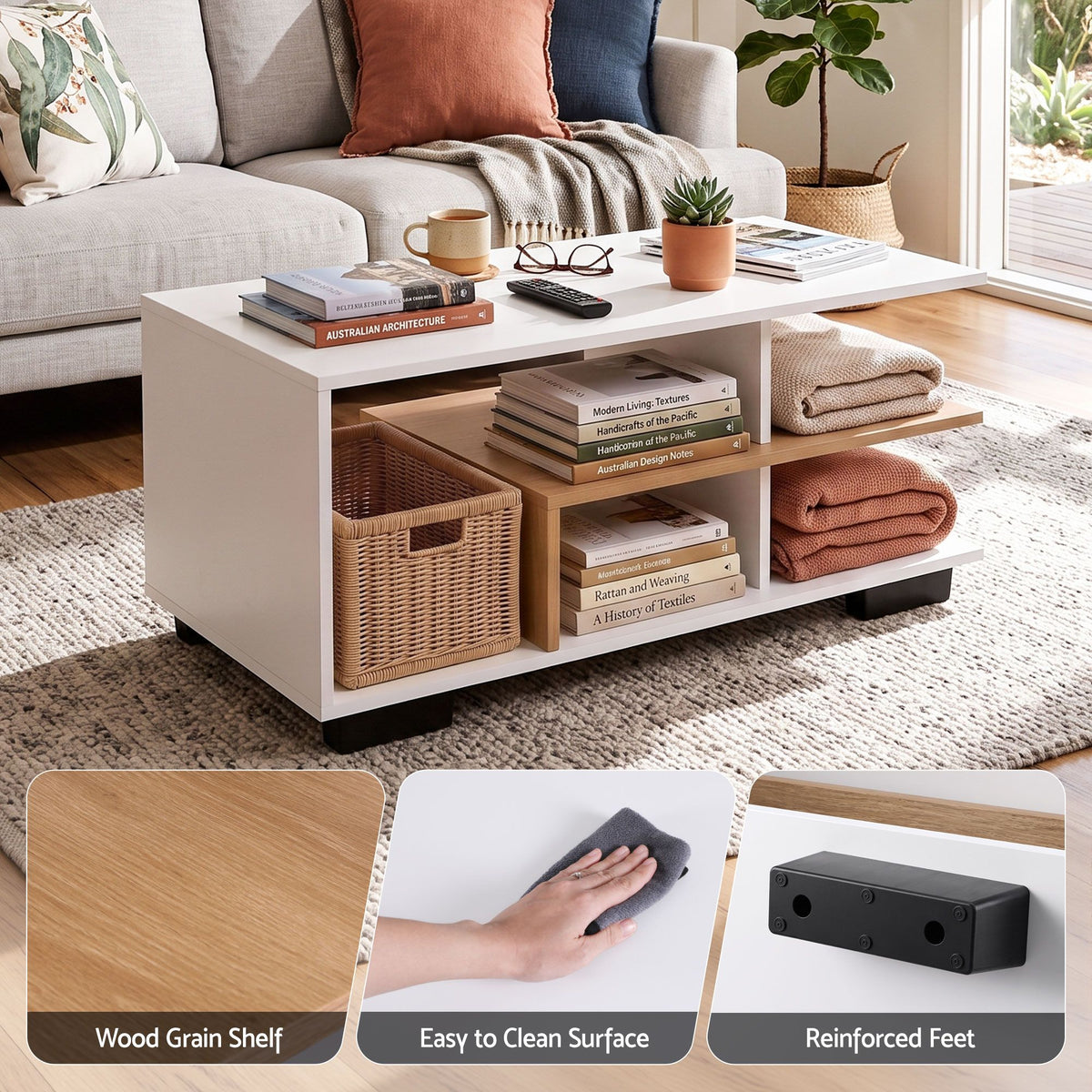 Artiss Coffee Table 90cm Center Table 3 Tier Open Storage Shelf Modern Living Room White & Wood Awezingly
