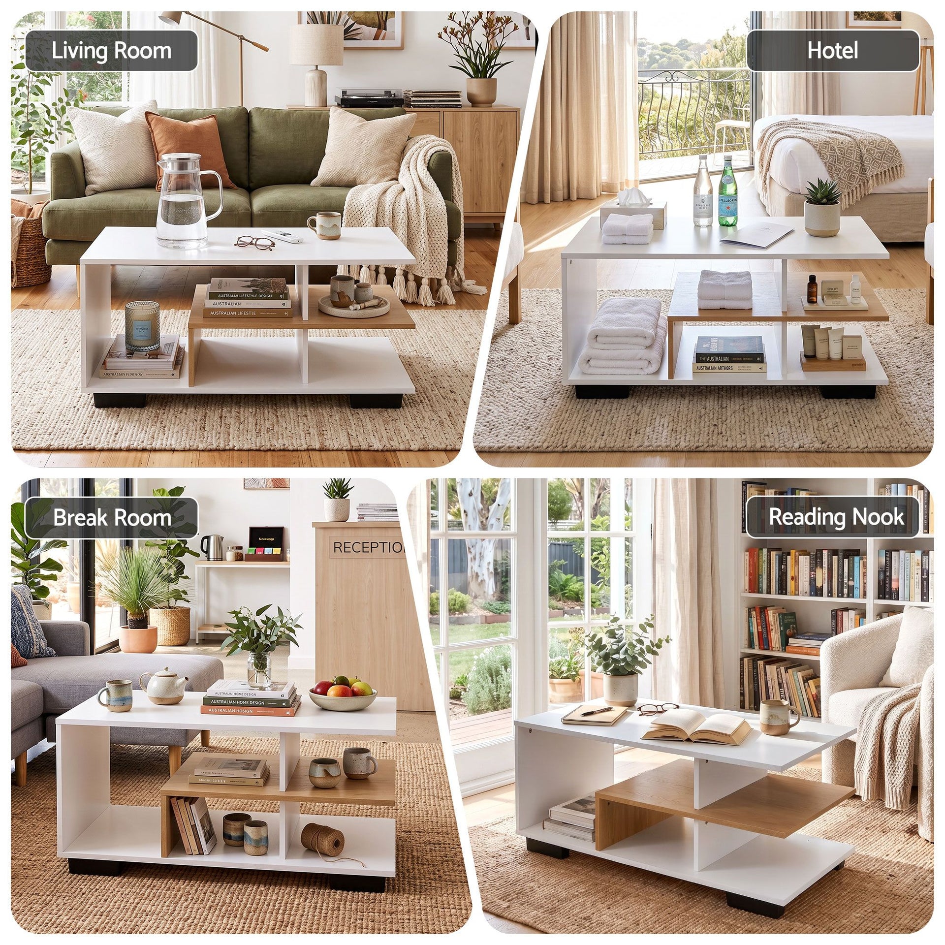 Artiss Coffee Table 90cm Center Table 3 Tier Open Storage Shelf Modern Living Room White & Wood Awezingly