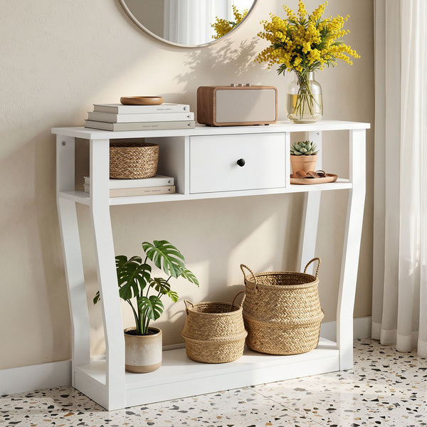 Artiss Console Table Entryway Hallway Sofa Side Table Drawer Shelf 100CM White Awezingly
