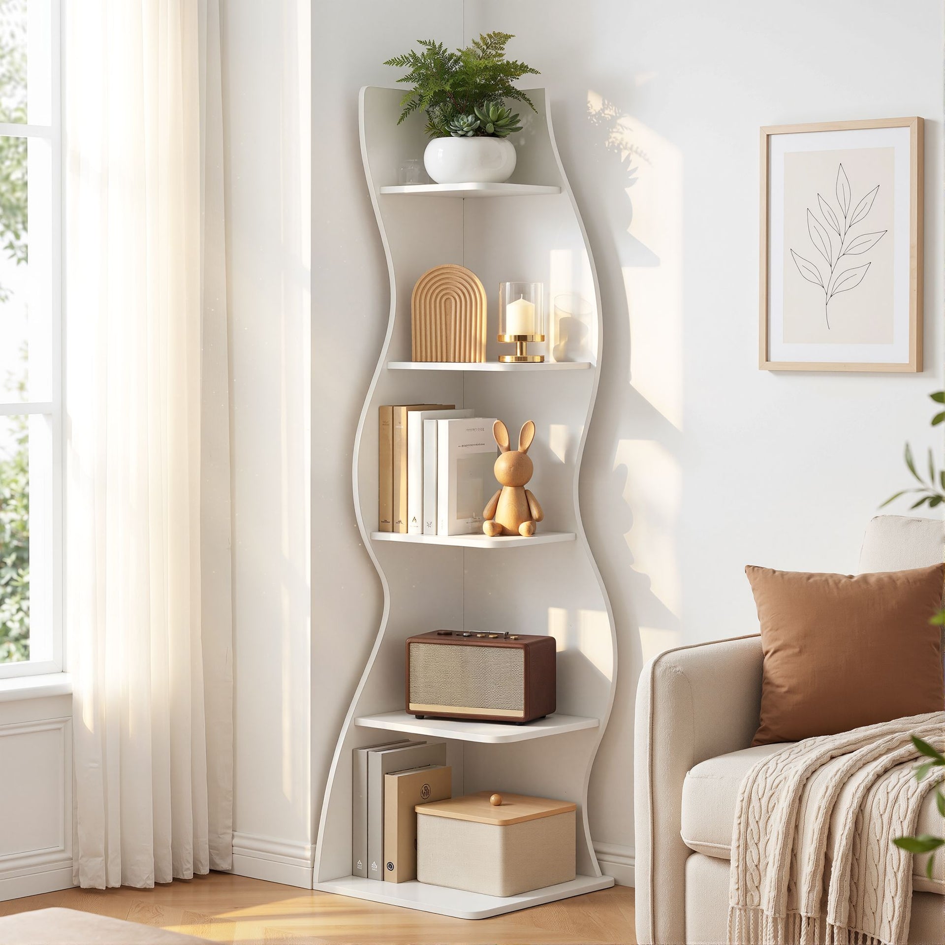 Artiss 5-Tier Bookshelf Corner Shelf S-shaped Storage Rack White Artiss