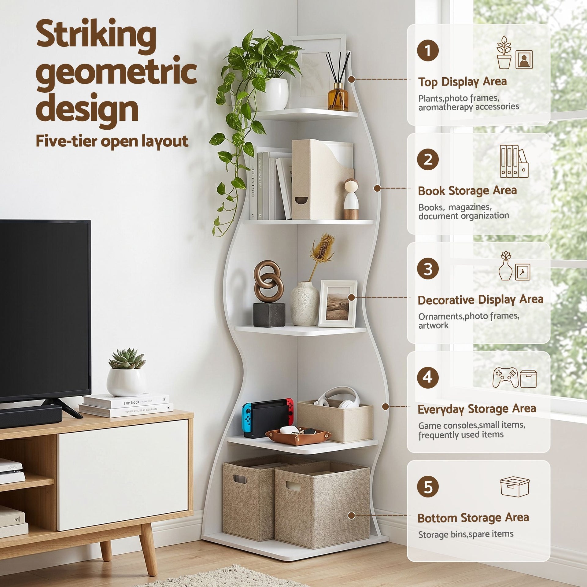 Artiss 5-Tier Bookshelf Corner Shelf S-shaped Storage Rack White Artiss