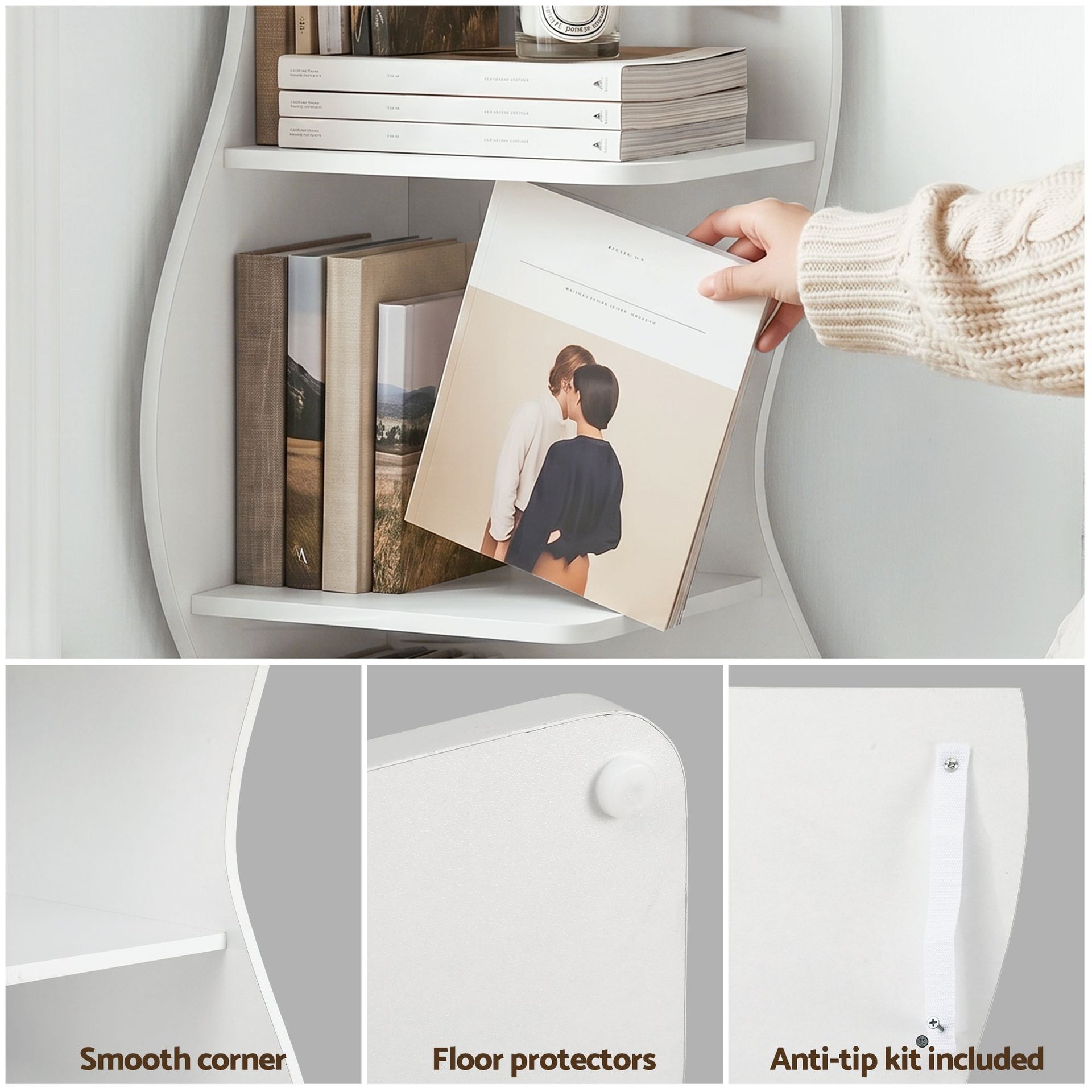 Artiss 5-Tier Bookshelf Corner Shelf S-shaped Storage Rack White Artiss