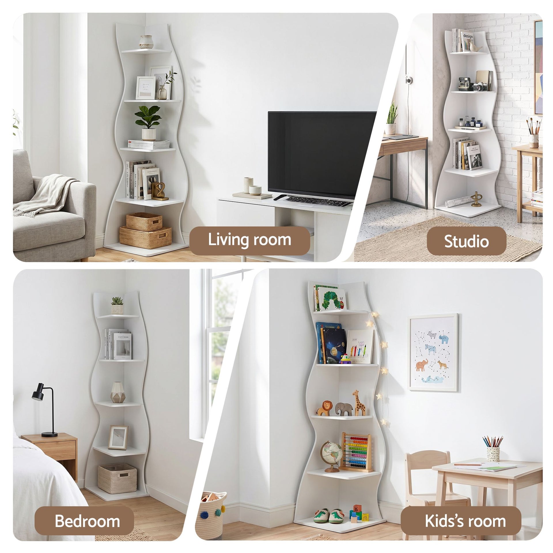 Artiss 5-Tier Bookshelf Corner Shelf S-shaped Storage Rack White Artiss