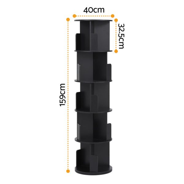Artiss 5 Tiers Bookshelf Swivel Bookcase Display Shelves Stand Round Black Awezingly