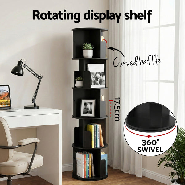 Artiss 5 Tiers Bookshelf Swivel Bookcase Display Shelves Stand Round Black Awezingly