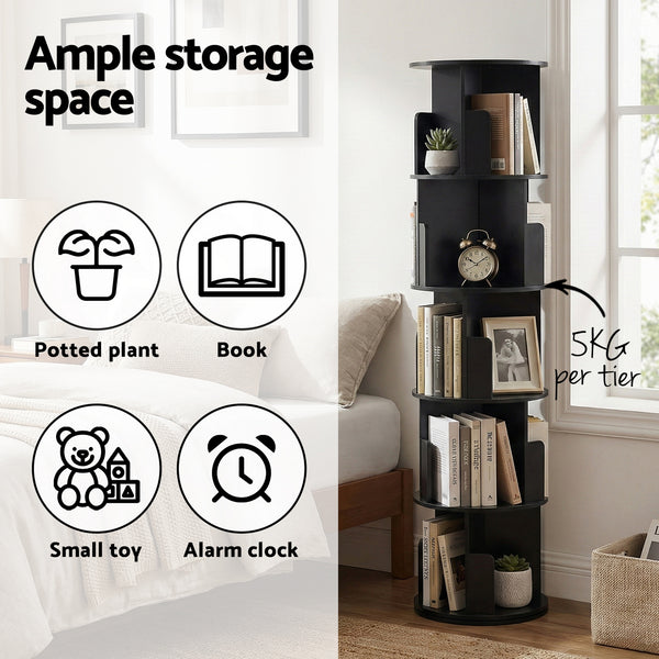 Artiss 5 Tiers Bookshelf Swivel Bookcase Display Shelves Stand Round Black Awezingly