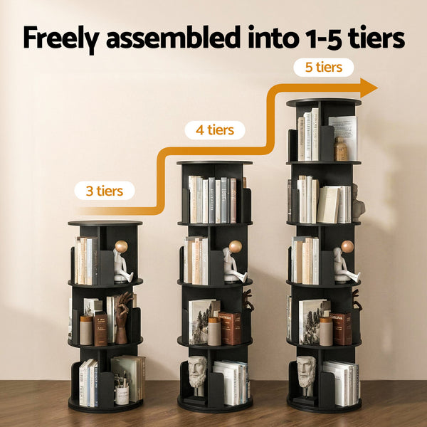 Artiss 5 Tiers Bookshelf Swivel Bookcase Display Shelves Stand Round Black Awezingly