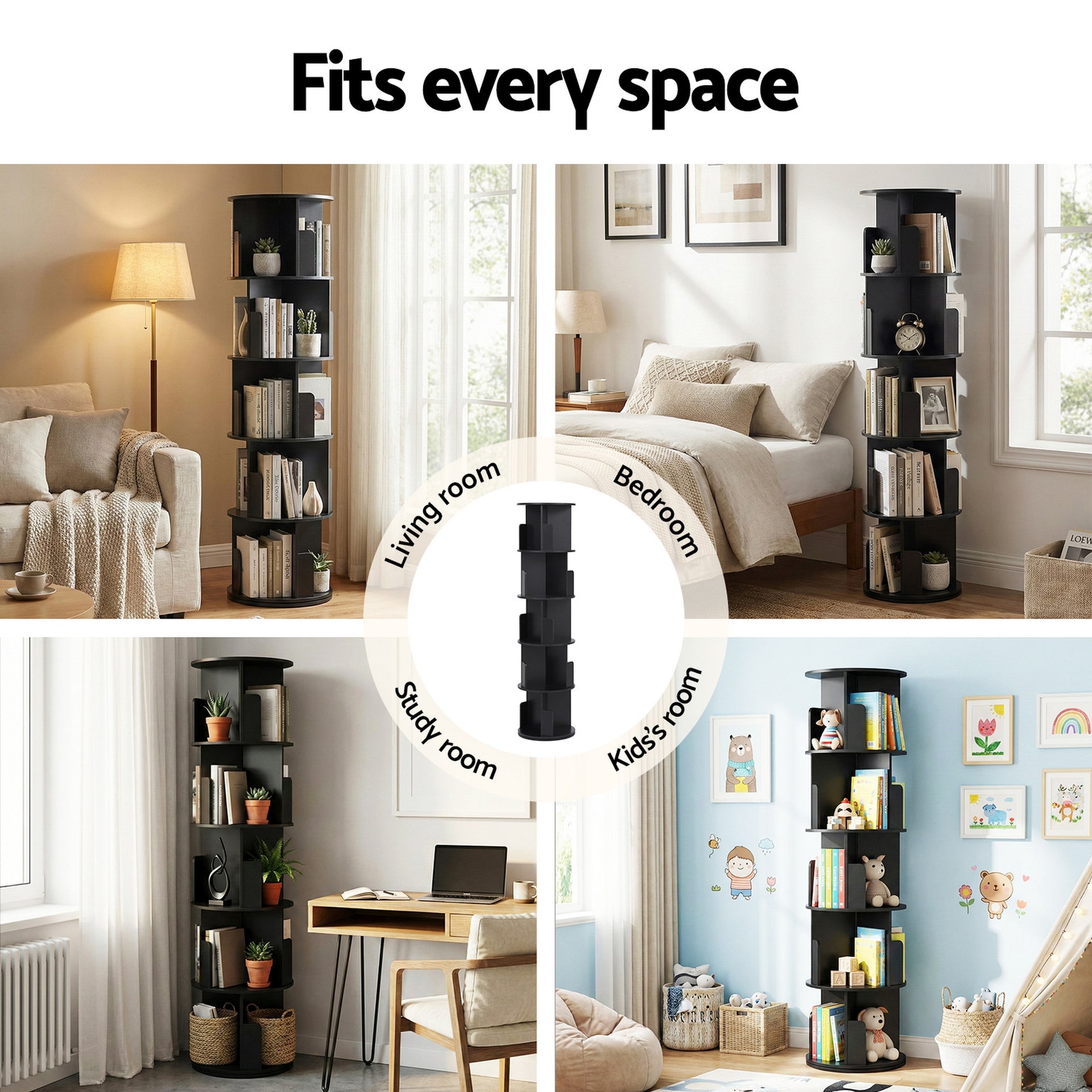 Artiss 5 Tiers Bookshelf Swivel Bookcase Display Shelves Stand Round Black Awezingly