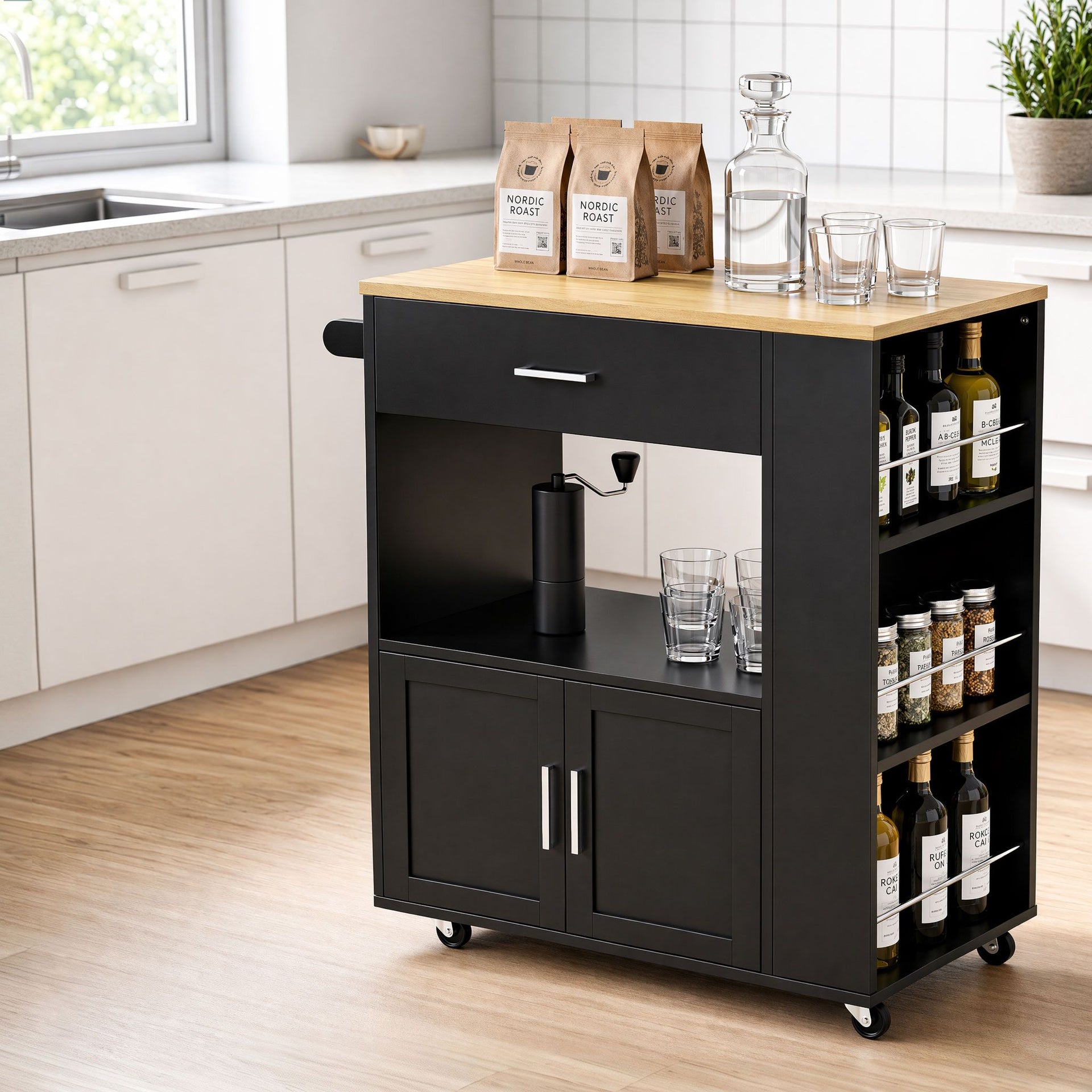 Artiss Kitchen Island Trolley Rolling Serving Cart Storage Cart Shelf Towel Rack Awezingly