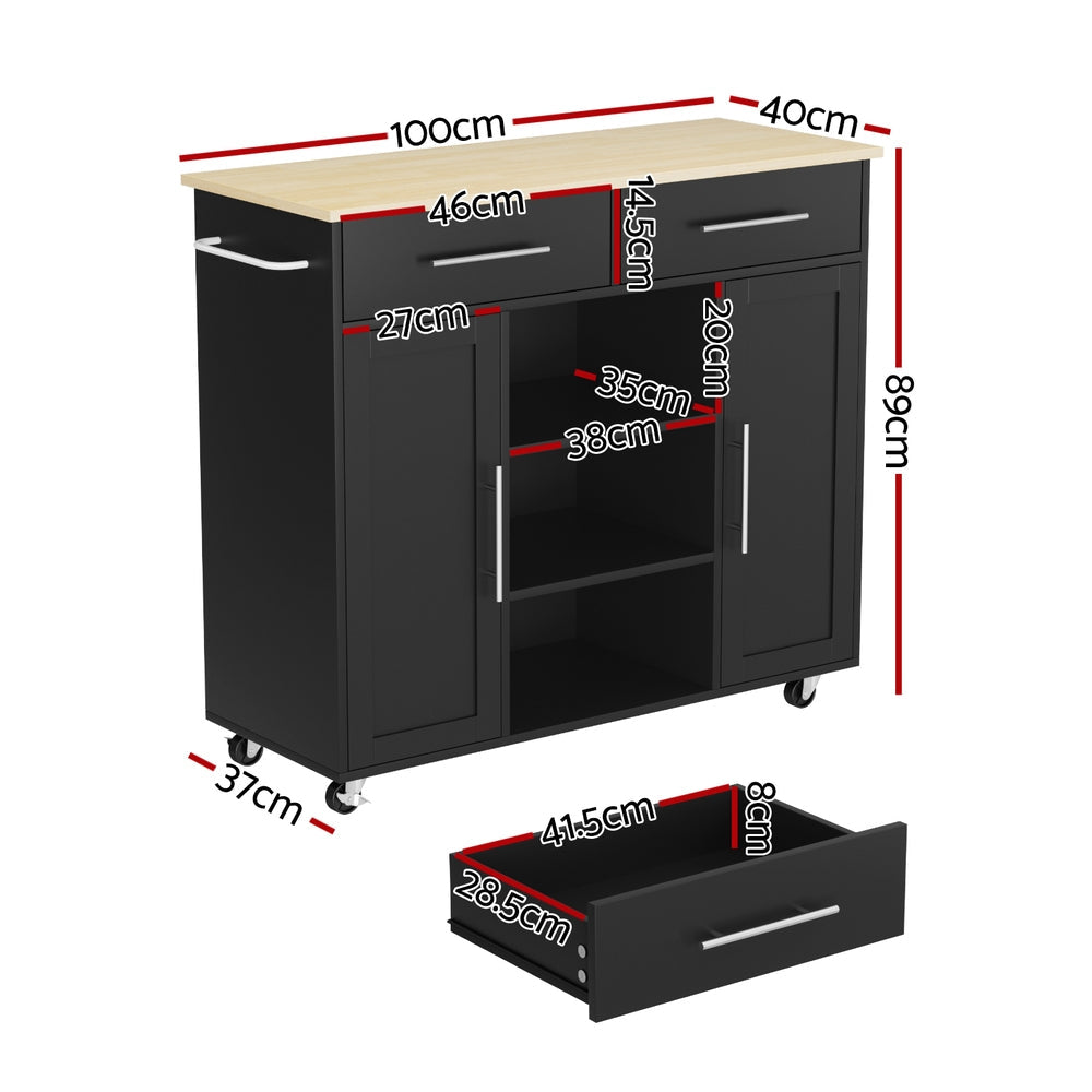 Artiss Kitchen Island Trolley Rolling Serving Cart Storage Drawer Cabinet 100cm Black Awezingly