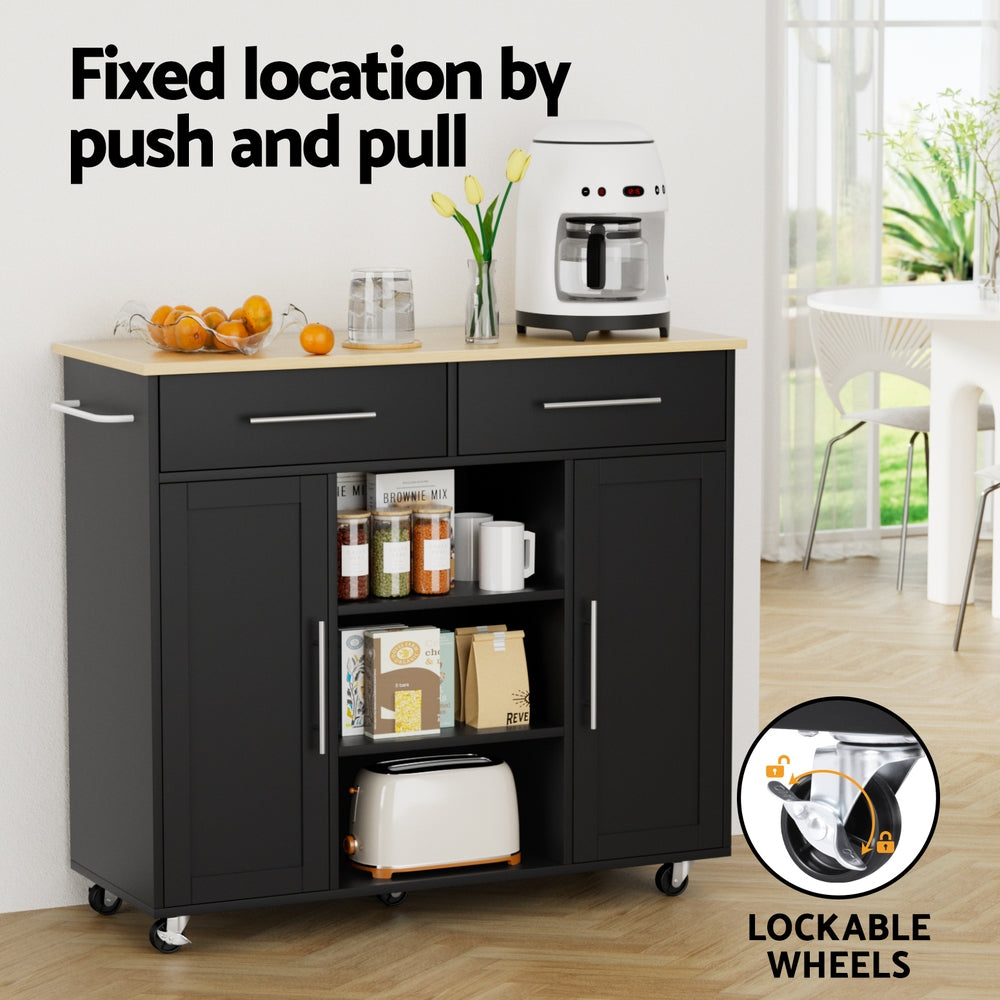 Artiss Kitchen Island Trolley Rolling Serving Cart Storage Drawer Cabinet 100cm Black Awezingly
