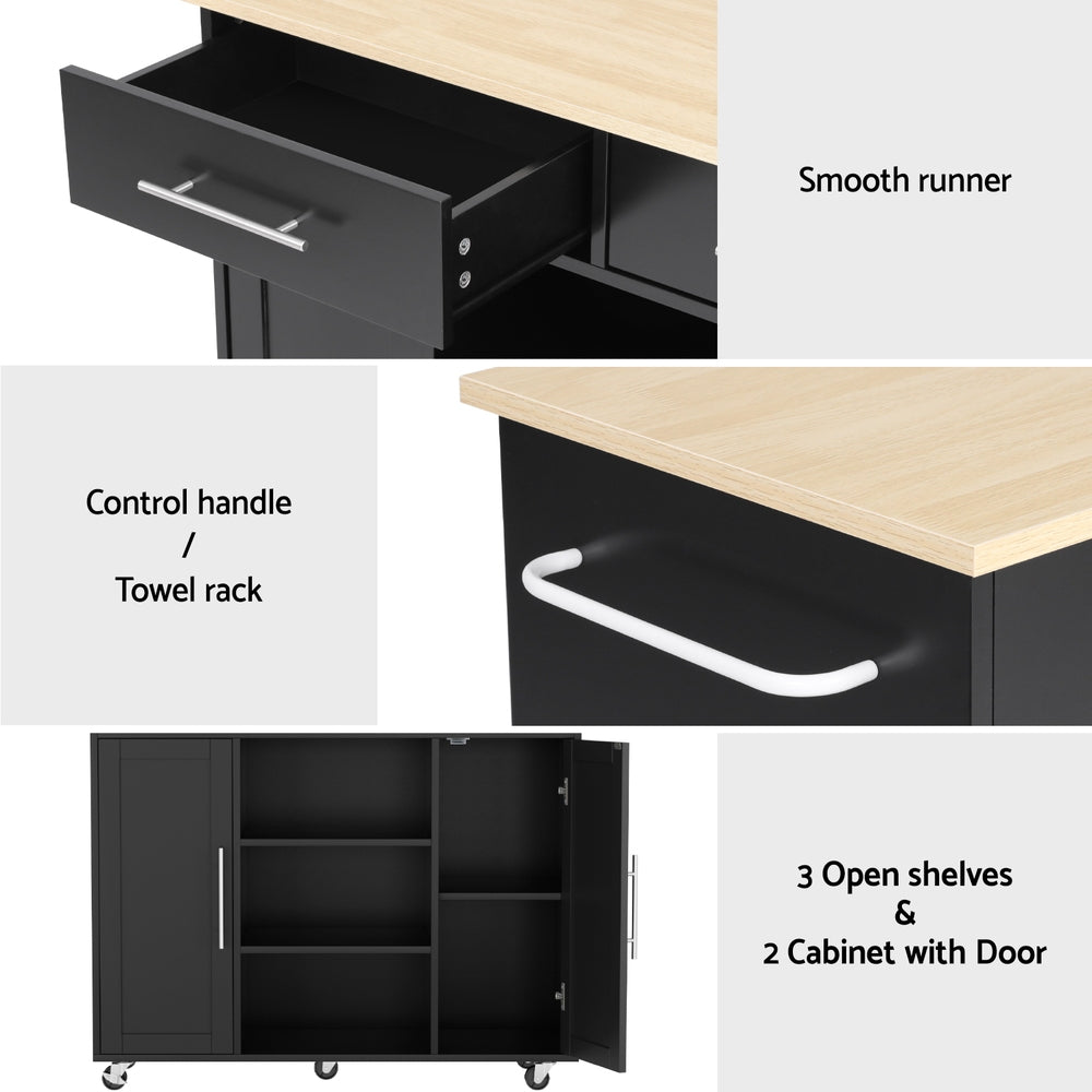 Artiss Kitchen Island Trolley Rolling Serving Cart Storage Drawer Cabinet 100cm Black Awezingly