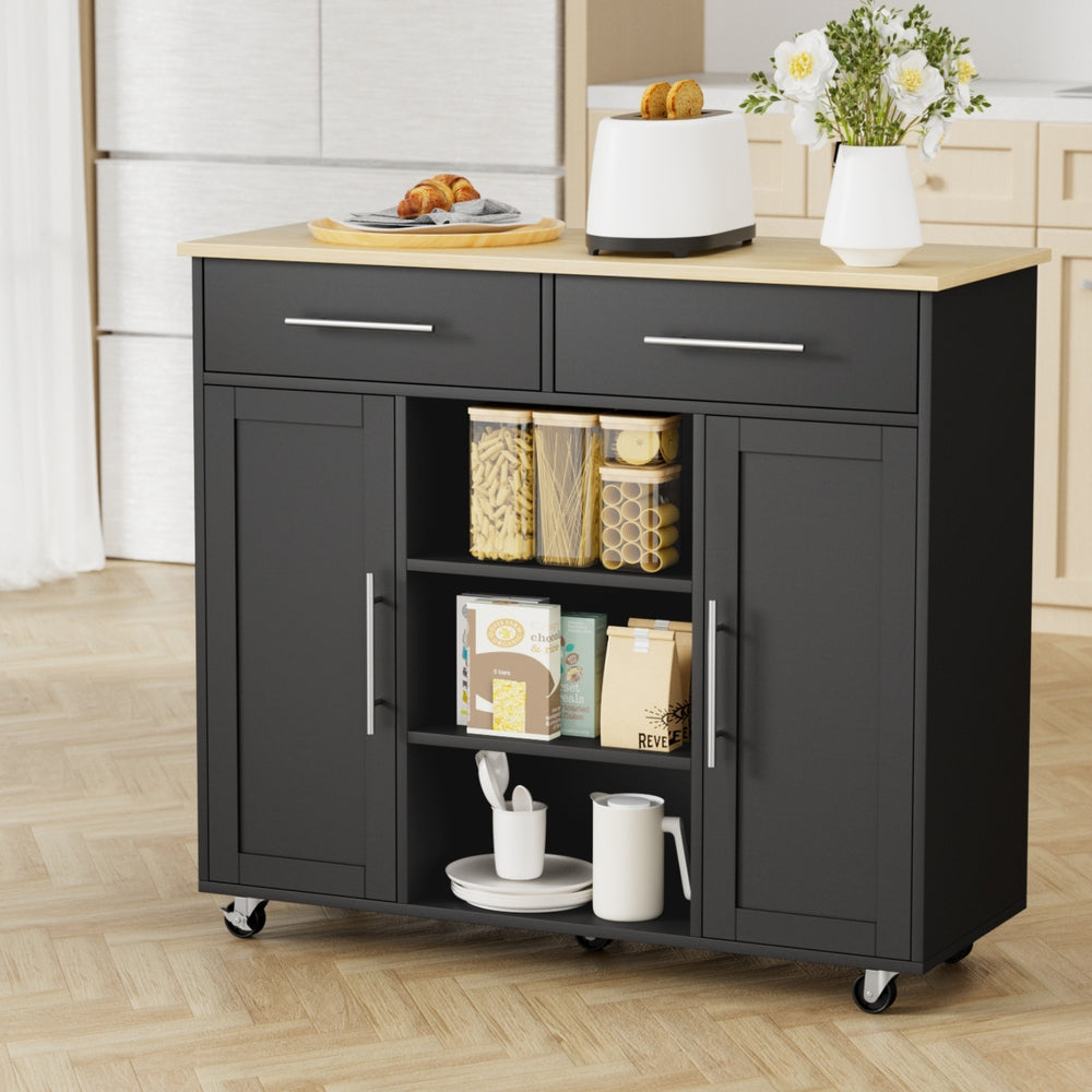 Artiss Kitchen Island Trolley Rolling Serving Cart Storage Drawer Cabinet 100cm Black Awezingly
