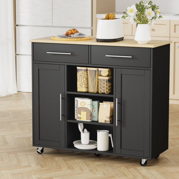 Artiss Kitchen Island Trolley Rolling Serving Cart Storage Drawer Cabinet 100cm Black Awezingly