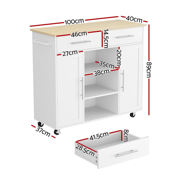 Artiss Kitchen Island Trolley Rolling Serving Cart Storage Drawer Cabinet 100cm White Awezingly