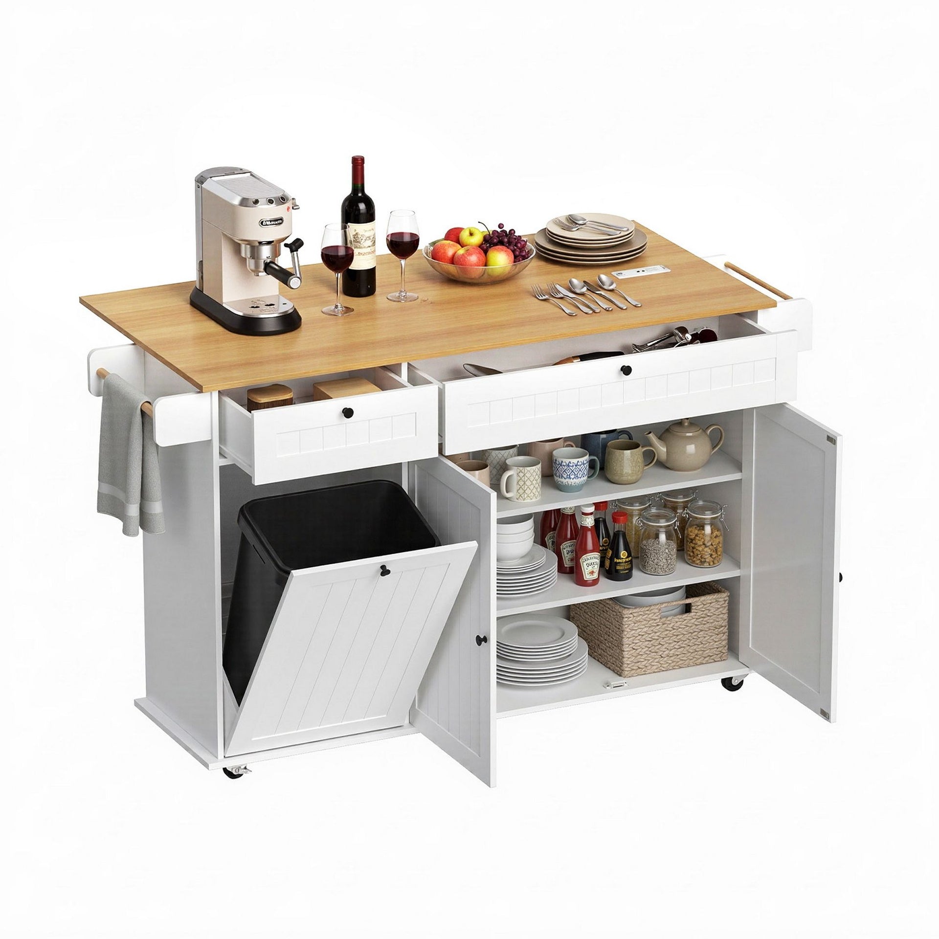 Artiss Kitchen Island Trolley Rolling Serving Cart Storage Drawer Cabinet 150cm White Awezingly