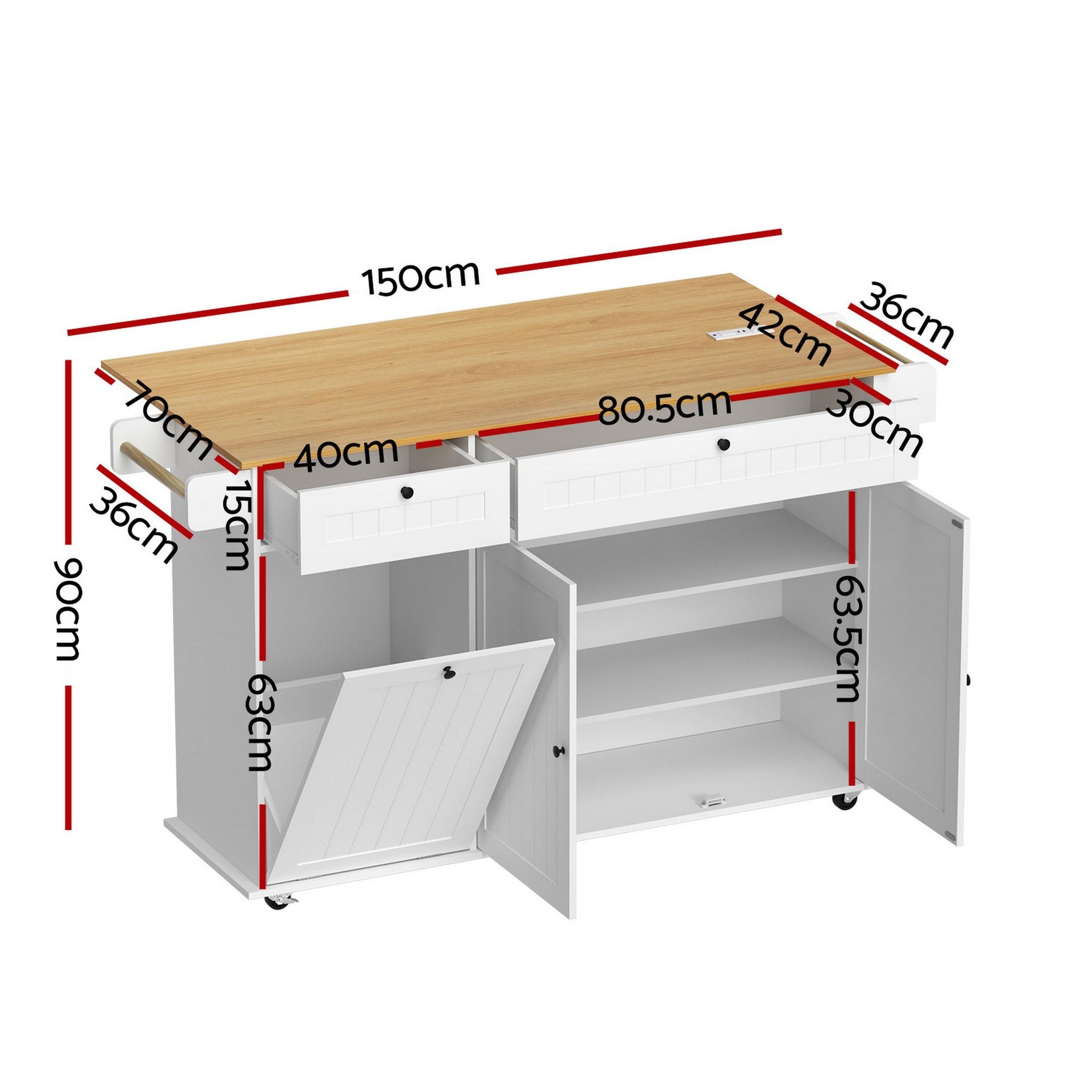 Artiss Kitchen Island Trolley Rolling Serving Cart Storage Drawer Cabinet 150cm White Awezingly