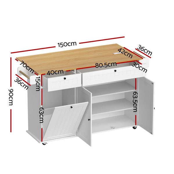 Artiss Kitchen Island Trolley Rolling Serving Cart Storage Drawer Cabinet 150cm White Awezingly