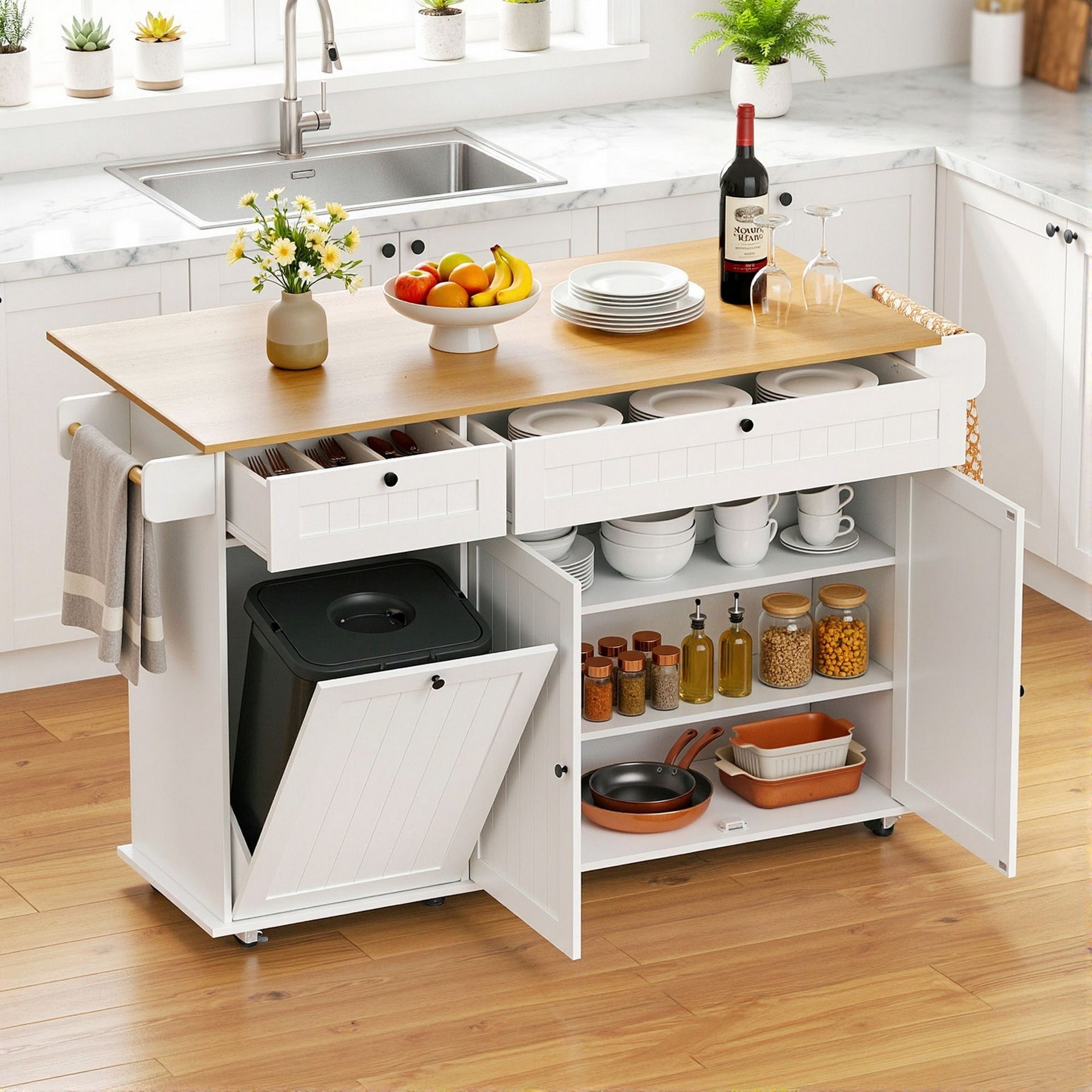 Artiss Kitchen Island Trolley Rolling Serving Cart Storage Drawer Cabinet 150cm White Awezingly