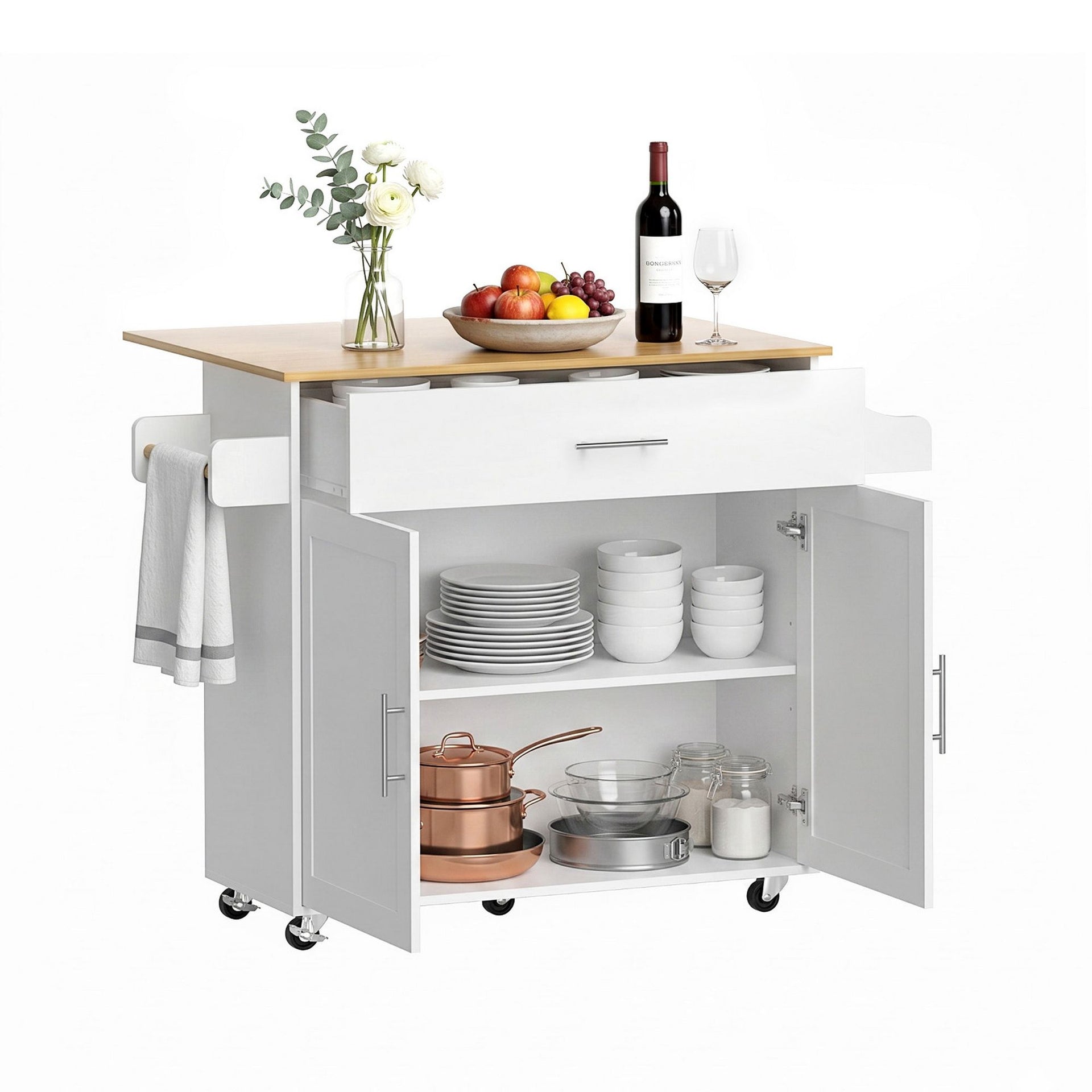 Artiss Kitchen Island Trolley Rolling Serving Cart Storage Drawer Cabinet 90cm White Awezingly