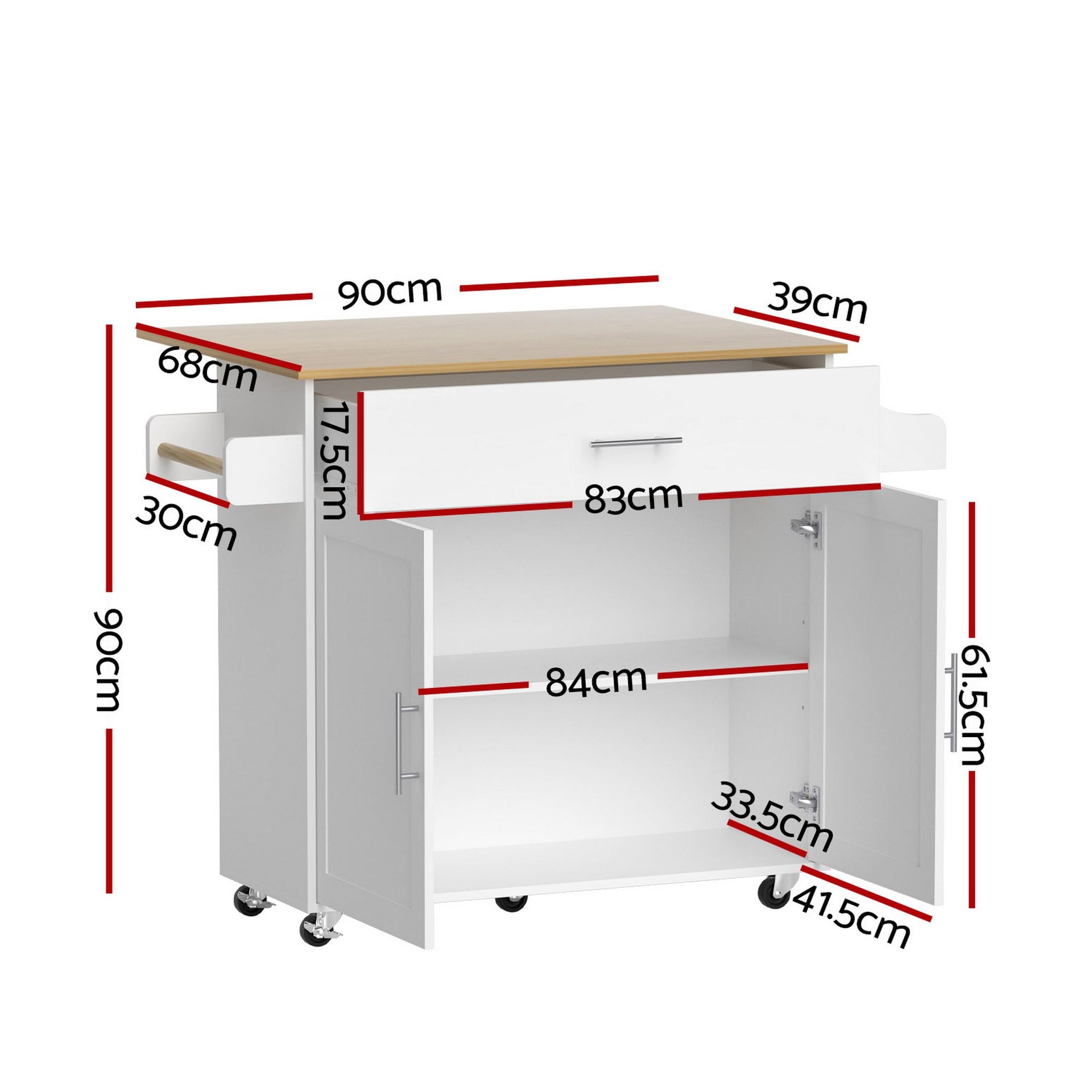 Artiss Kitchen Island Trolley Rolling Serving Cart Storage Drawer Cabinet 90cm White Awezingly
