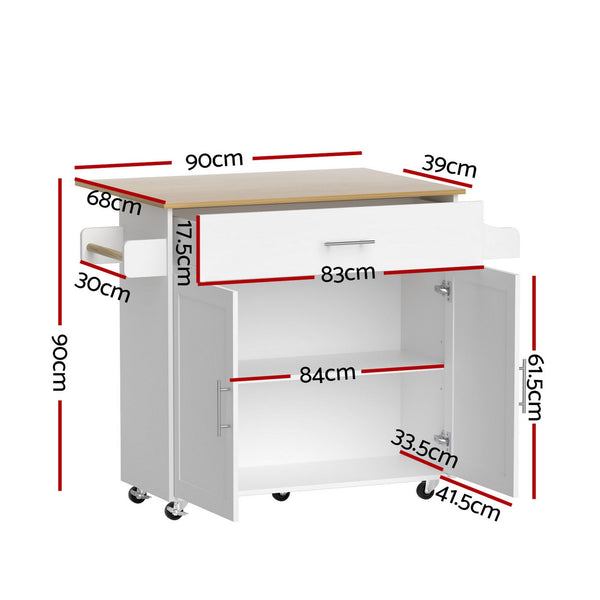 Artiss Kitchen Island Trolley Rolling Serving Cart Storage Drawer Cabinet 90cm White Awezingly