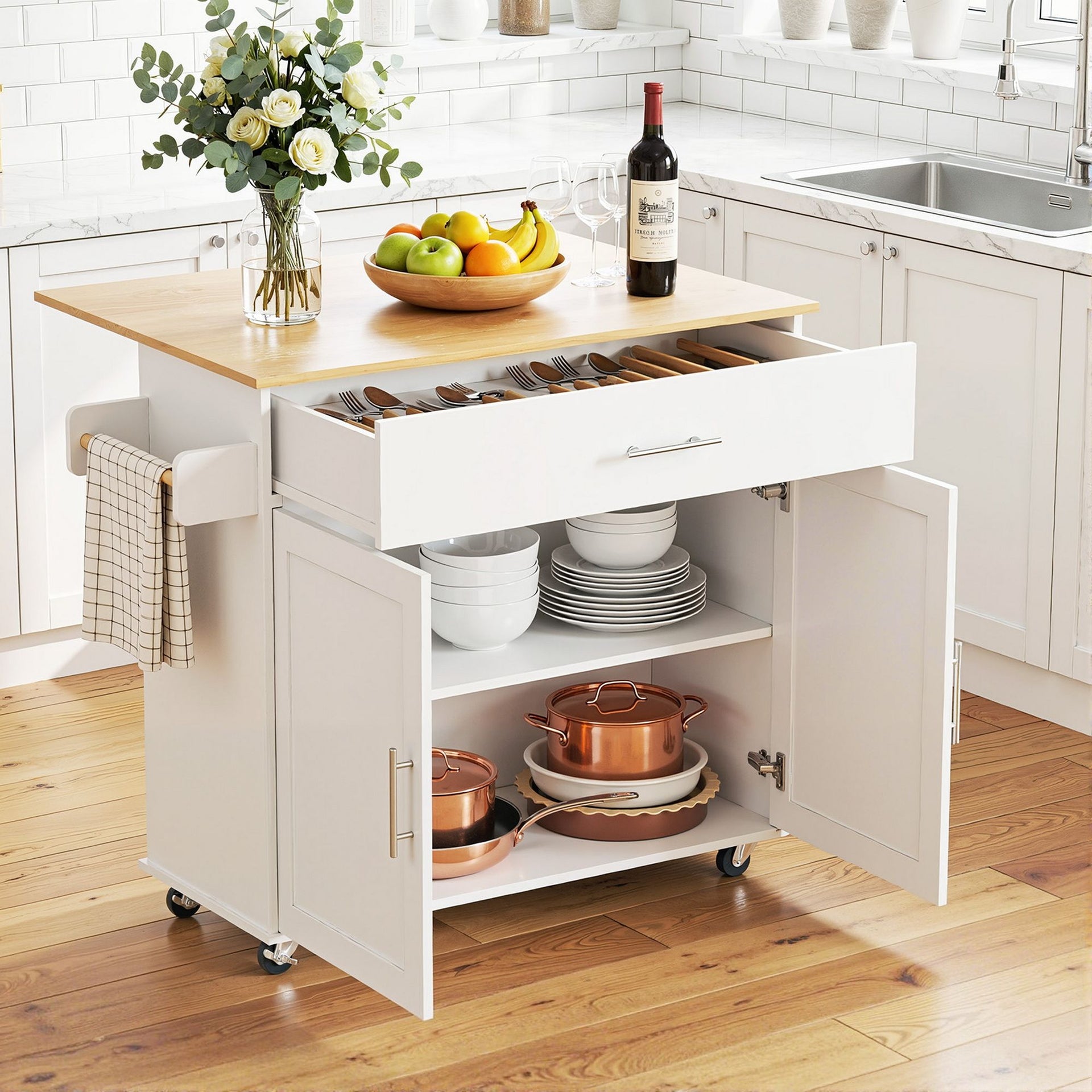 Artiss Kitchen Island Trolley Rolling Serving Cart Storage Drawer Cabinet 90cm White Awezingly