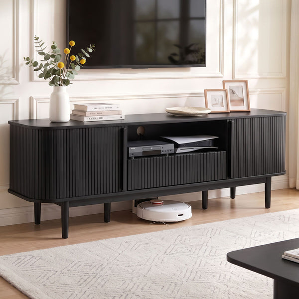 Artiss 160cm TV Unit Storage Drawer Curved Edge Sliding Fluted Style Door Black Awezingly