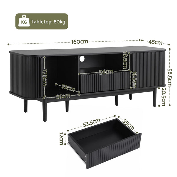 Artiss 160cm TV Unit Storage Drawer Curved Edge Sliding Fluted Style Door Black Awezingly