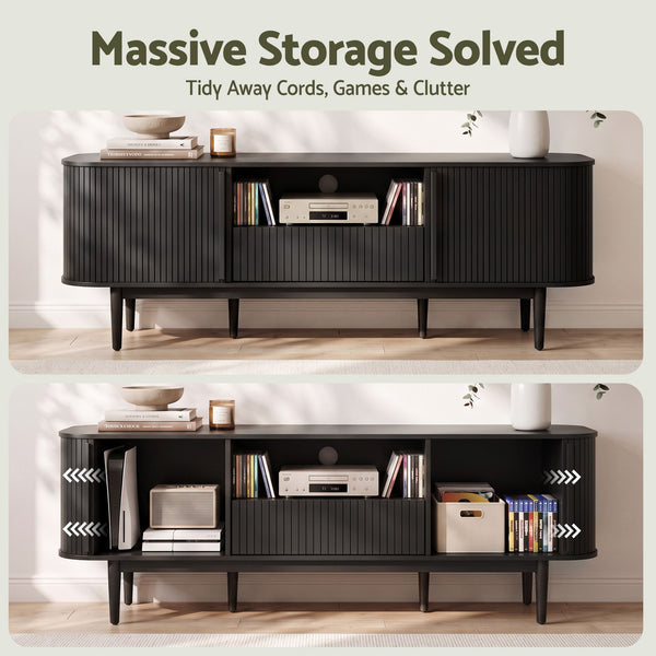 Artiss 160cm TV Unit Storage Drawer Curved Edge Sliding Fluted Style Door Black Awezingly