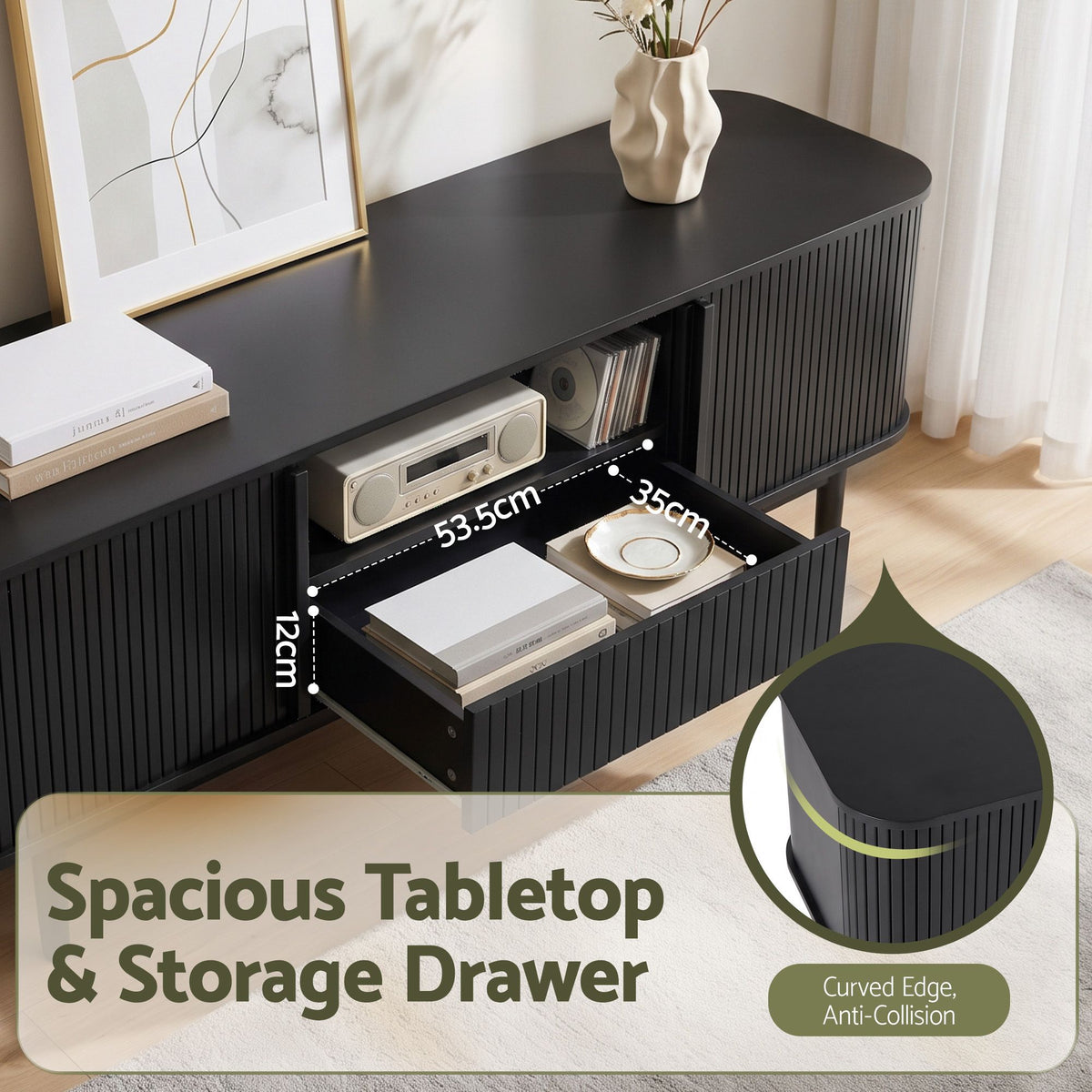 Artiss 160cm TV Unit Storage Drawer Curved Edge Sliding Fluted Style Door Black Awezingly